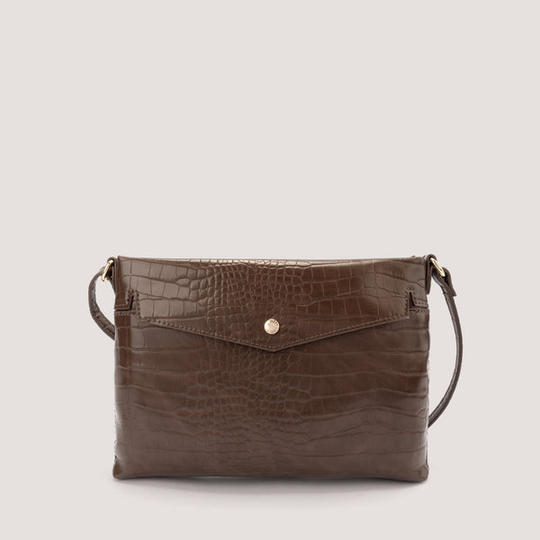 Cocoa-brown croc-embossed crossbody bag with adjustable slider strap