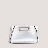 Silver crossbody bag chain handle.