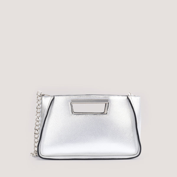 Silver crossbody bag chain handle.