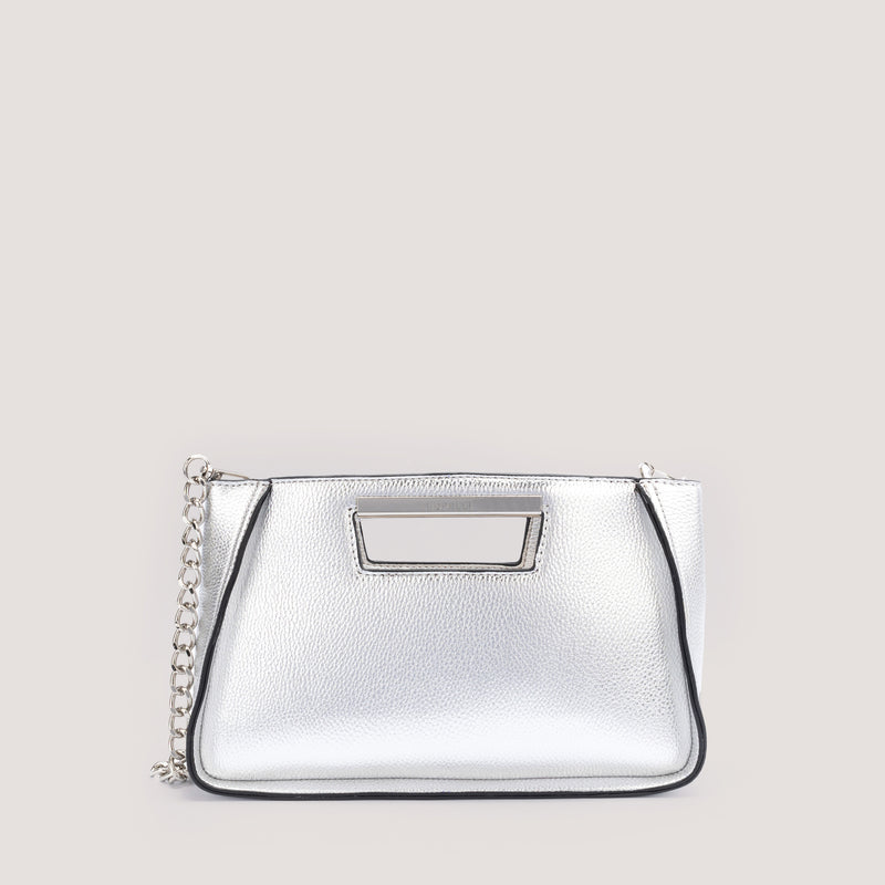 Silver crossbody bag chain handle.