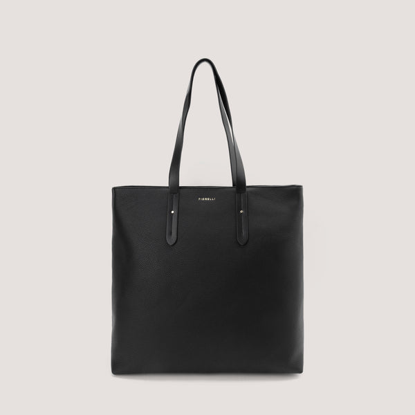 Black structured tote bag with shoulder straps.