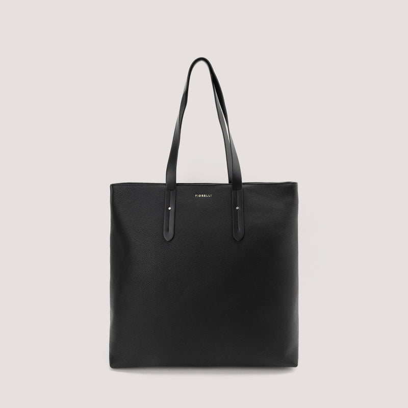 Black structured tote bag with shoulder straps.