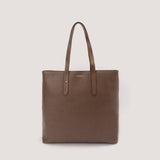 Coffee-brown structured tote bag with shoulder straps.