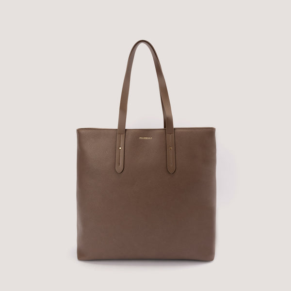 Coffee-brown structured tote bag with shoulder straps.