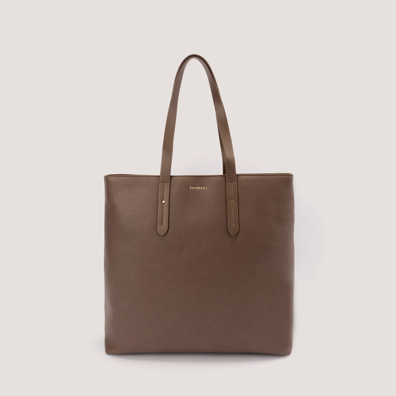 Coffee-brown structured tote bag with shoulder straps.