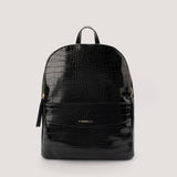Black croc-embossed backpack with adjustable buckle straps.