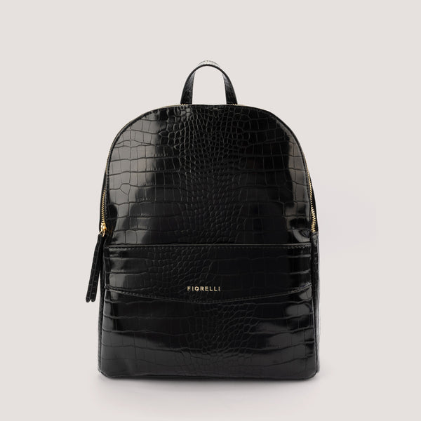 Black croc-embossed backpack with adjustable buckle straps.