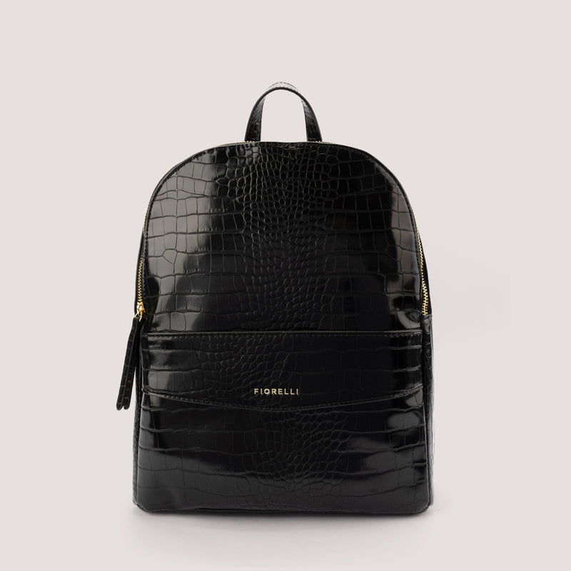 Black croc-embossed backpack with adjustable buckle straps.