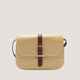 Straw and Teak combination flap style crossbody bag 