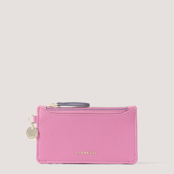 Pink cardholder with zipped coin pocket.