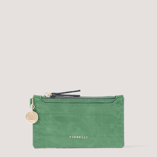 Green croc cardholder with zipped coin pocket.