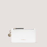 The compact Luna cardholder in white faux leather is designed with a zipped coin pocket and five card slots.