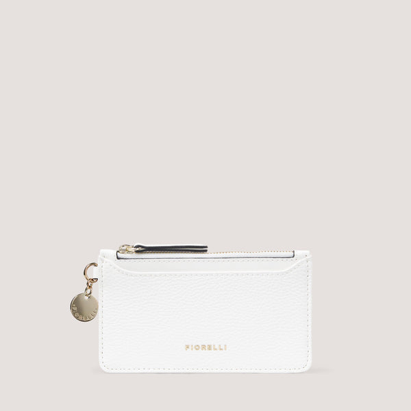 The compact Luna cardholder in white faux leather is designed with a zipped coin pocket and five card slots.