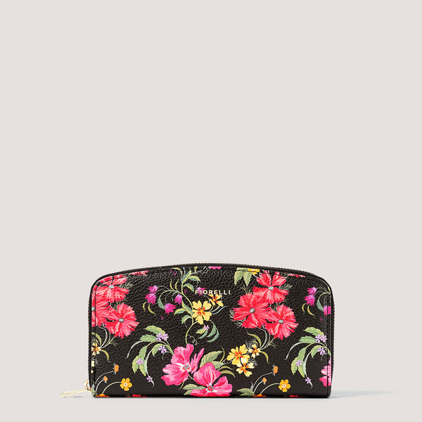 Floral print purse with multiple compartments.