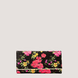 Floral print tri-fold purse with gold metal detail.