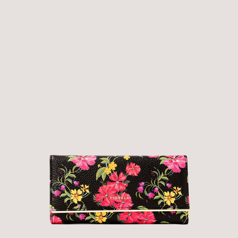 Floral print tri-fold purse with gold metal detail.