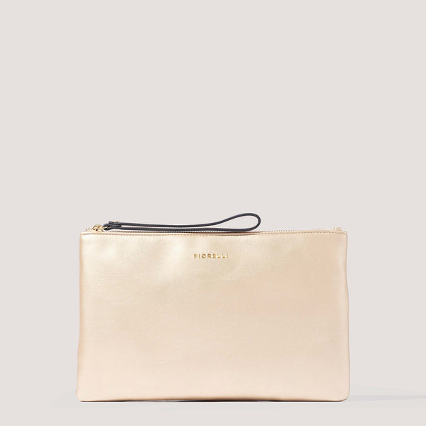 Gold pouch with an elegant wrist strap.