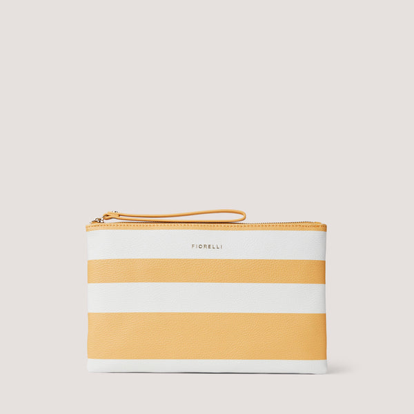 The Lana pouch features a beachy yellow and white stripes. Carry it by the wrist strap or tuck it neatly under your arm.