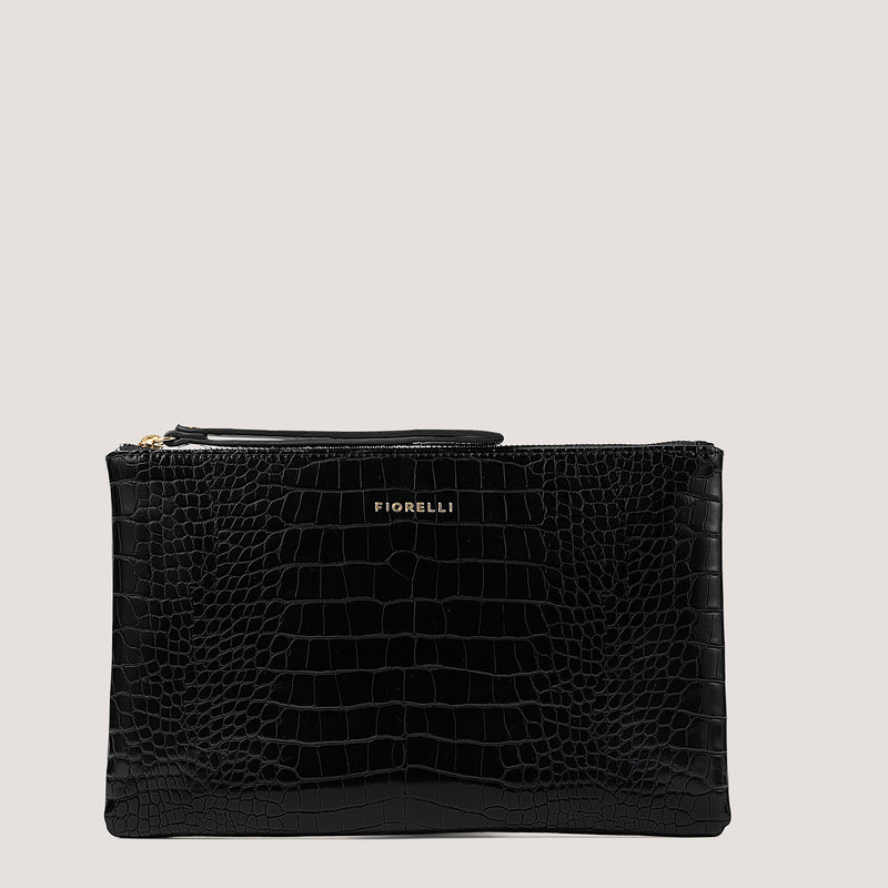 Black croc pouch with an elegant wrist strap.