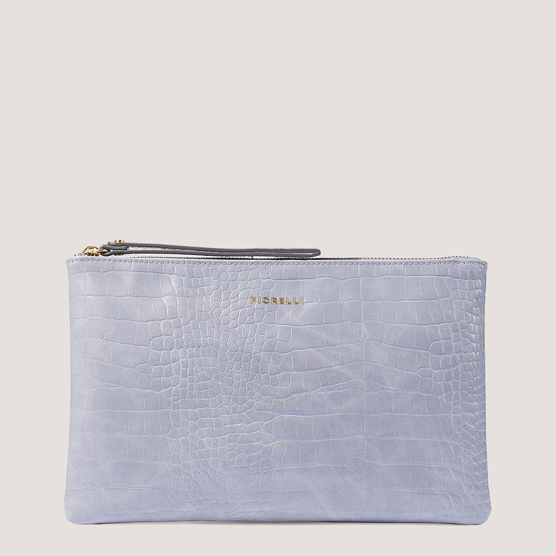 Steel blue croc pouch with an elegant wrist strap.