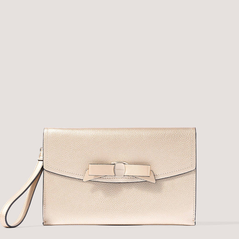 Gold envelope clutch with bow detail.