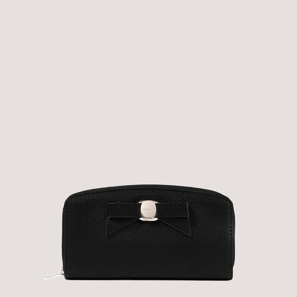 Black purse with bow detail.