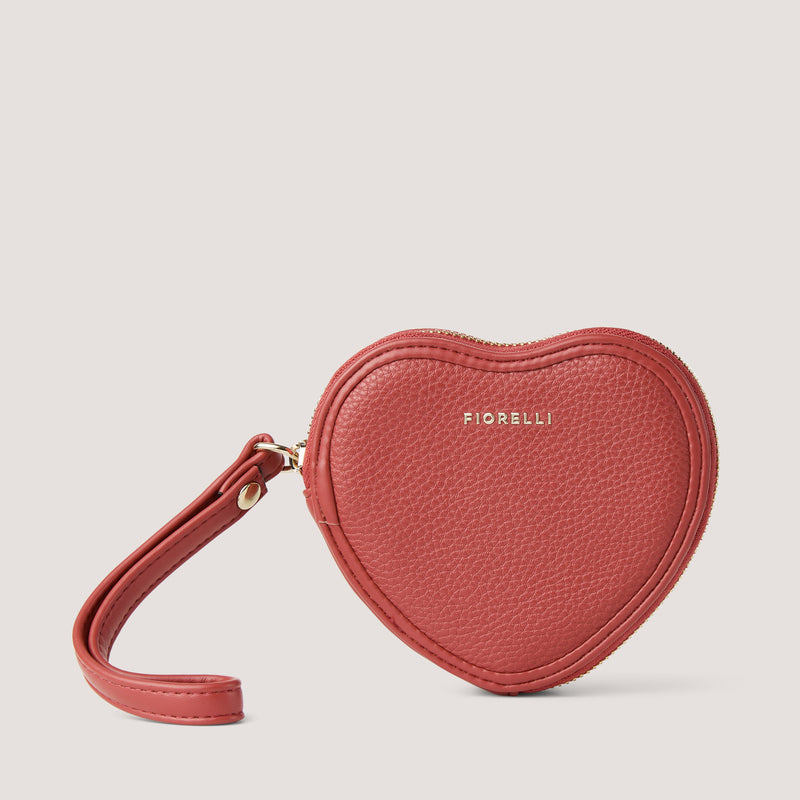 Hot-sauce red heart-shaped coin purse with zip closure.