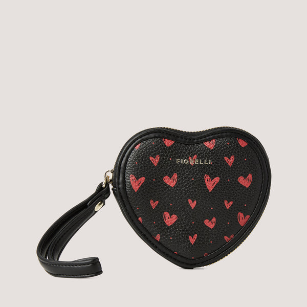 Scattered heart print heart-shaped coin purse with zip closure.