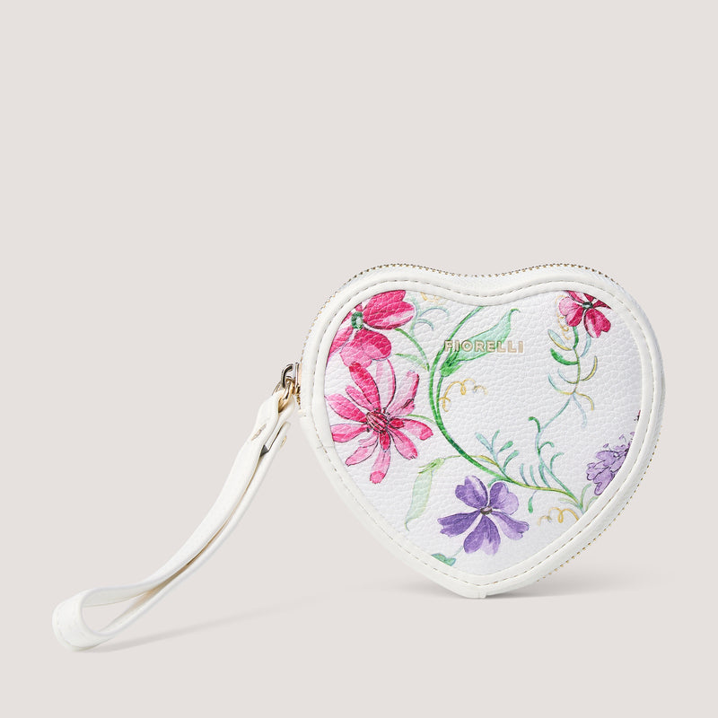 Wildflower print heart-shaped coin purse with zip closure.