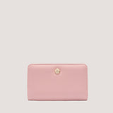 Pink bifold purse with branded hardware.