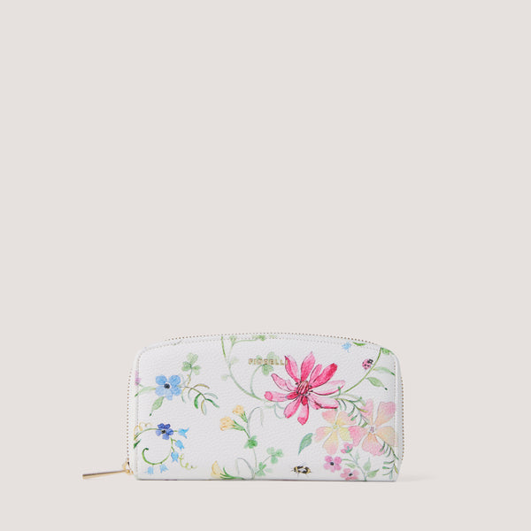 Wildflower print purse with multiple compartments.