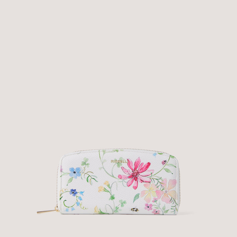 Wildflower print purse with multiple compartments.