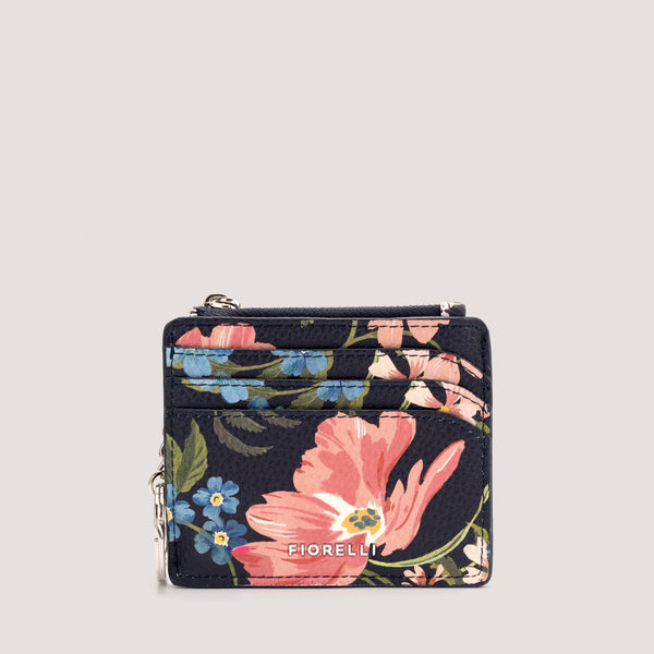 Midnight floral print coin purse with keychain clip.