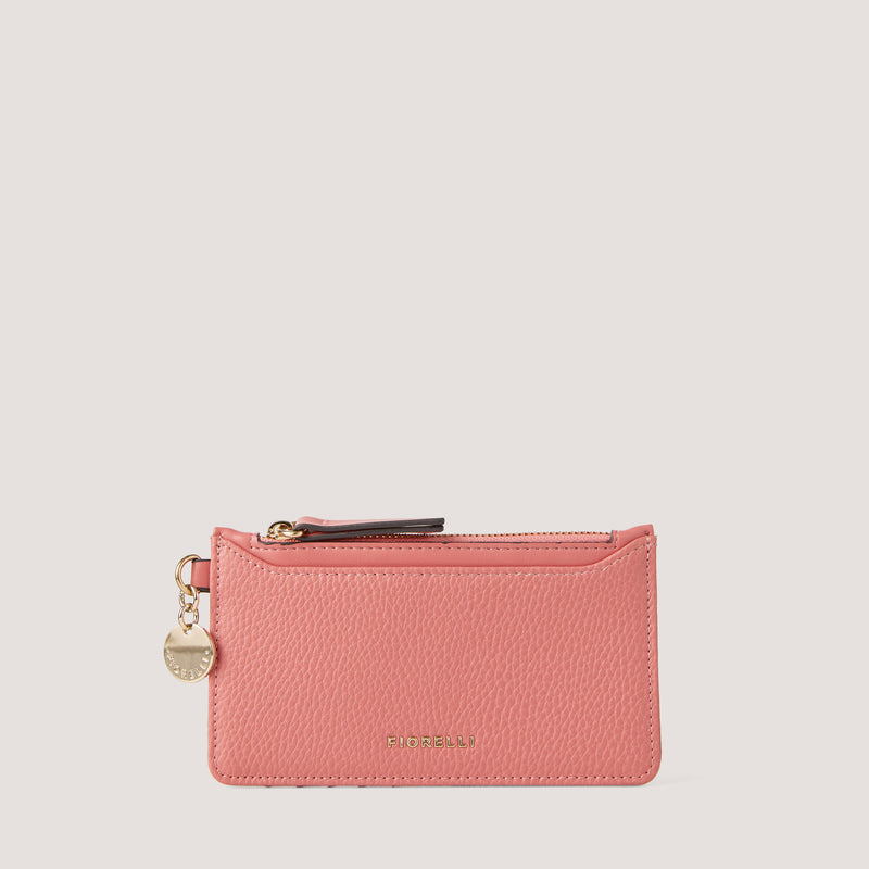 Camellia-pink cardholder with zipped coin pocket.