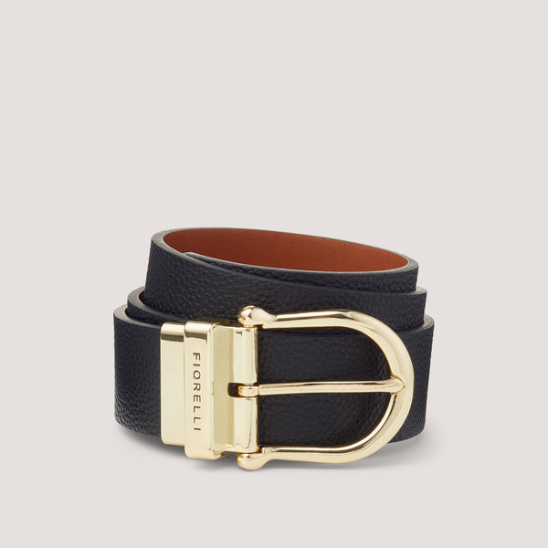 A stylish, reversible black belt with a sleek gold buckle.