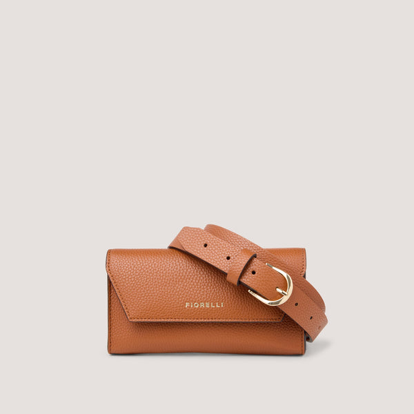 A stylish faux leather belt bag in tan.