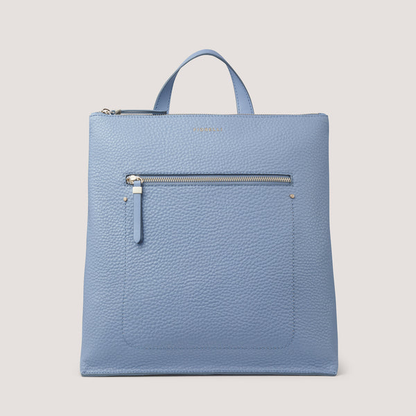 The Finley backpack is re-imagined in light blue faux-leather for the summer season.