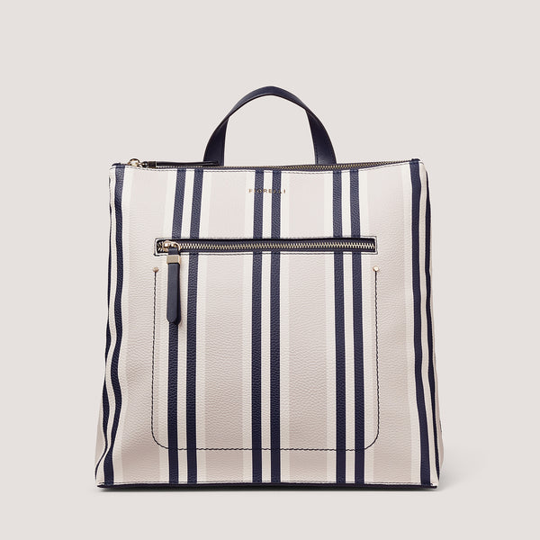 Our Finley large backpack nowcomes in a navy stripe finish.