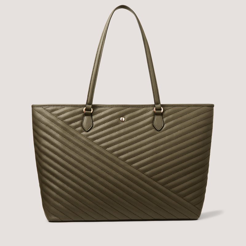 The carry everything bag you need in your life is our new zip top Thea tote in our new khaki quilt.