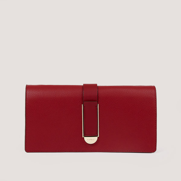 An understated and elegant new red dahlia clutch bag that is the perfect day to night companion.