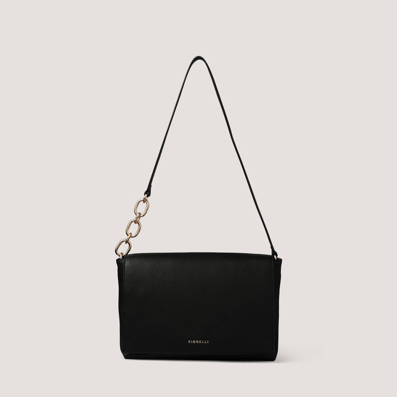 Atlas is a sleek black flapover shoulder bag, crafted in our classic faux leather.