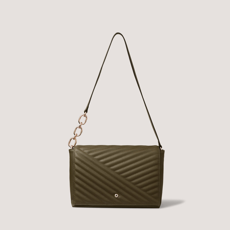 Atlas is a stylish khaki quilt flapover shoulder bag, crafted in our classic faux leather.