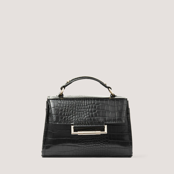 A new cute and compact mini grab in black croc features our new signature hardware. Take hold of this style by the top handle or wear it across the body.