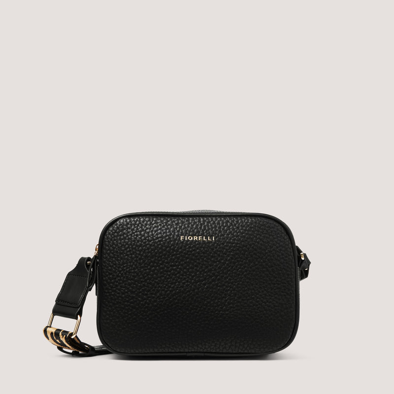 An update on our classic camera style crossbody, the black Lyra comes with a leopard print strap for a sleek yet unique look.
