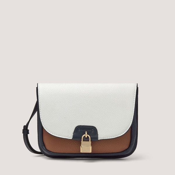 The colour-block Valentina crossbody bag is designed with a softly curved silhouette and refined with glossy gold-tone hardware.