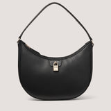 The retro-inspired curved Valentina hobo handbag in black has a zip closure and shiny gold-tone metal padlock.