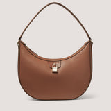 The retro-inspired curved Valentina hobo handbag in tan has a zip closure and shiny gold-tone metal padlock.