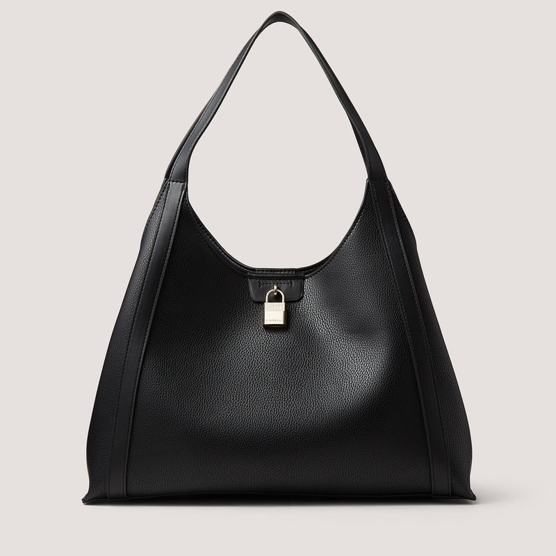 The black Valentina tote bag has narrow handles that will rest comfortably on your shoulder and a gold-tone padlock.