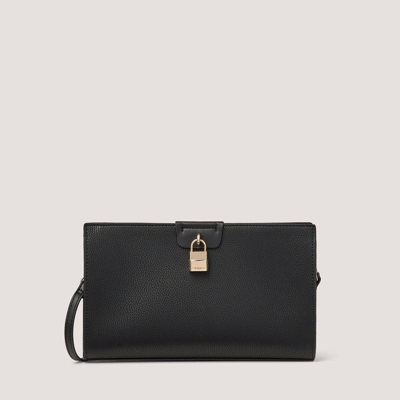 Carry the Valentina clutch bag to your next event. It is made from black faux leather and features a polished padlock.