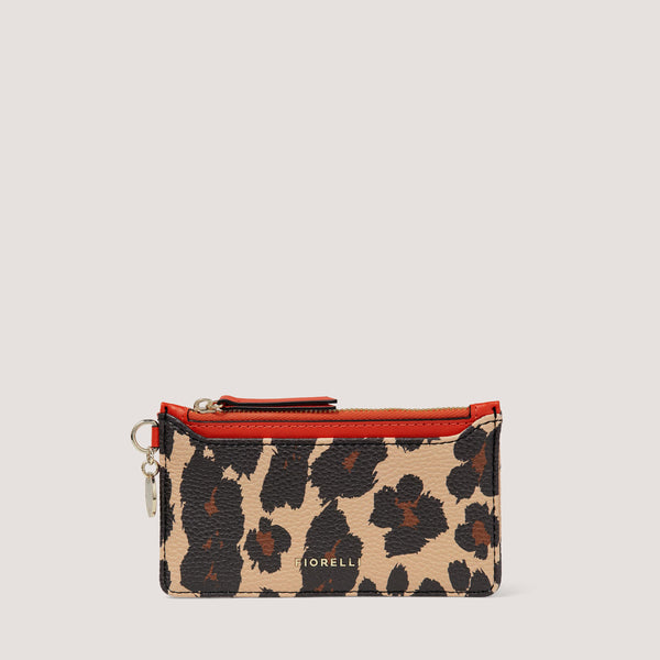 The compact Luna cardholder in leopard print is designed with a zipped coin pocket and five card slots.